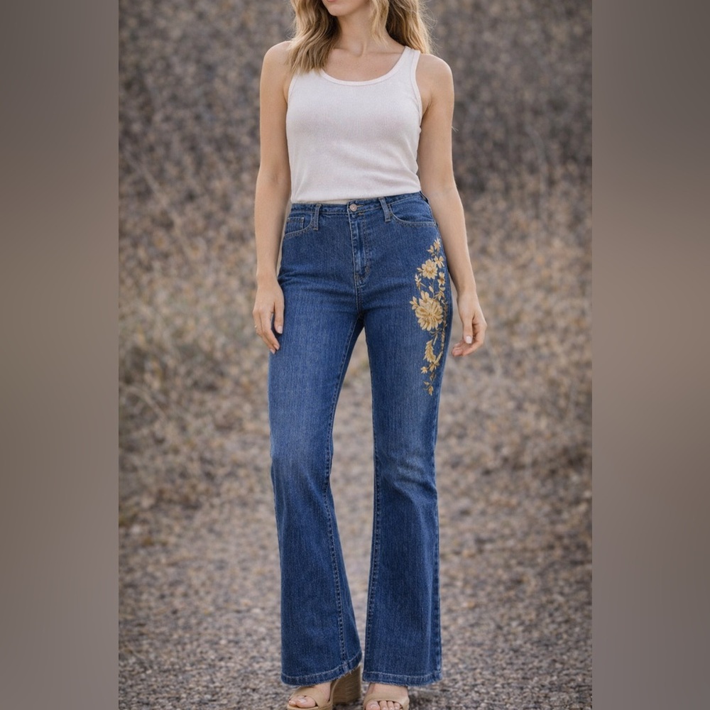 Tapemeasure Women’s 12 Raw Hem Waist Embroidered Flare Jeans Boho Hippie